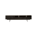 Black carved wood TV/media unit with slim black metal legs, featuring ample storage and wide top surface for large televisions.