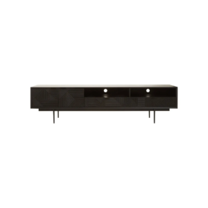 Black carved wood TV/media unit with slim black metal legs, featuring ample storage and wide top surface for large televisions.