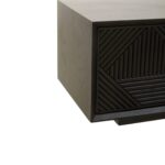 Black carved wood TV/media unit with slim black metal legs, featuring ample storage and wide top surface for large televisions.