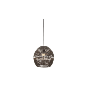Boho pendant light with a black rope-wrapped metal frame in a rounded openwork design, ideal for modern and eclectic interiors.