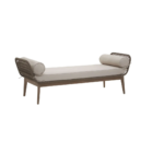 LHAI outdoor day bed by Verdara Living with bronze and charcoal outdoor cushions and solid wood tapered-leg frame for garden or patio use.