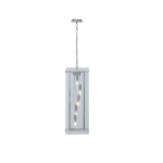 Five bulb nickel pendant light with a clear glass rectangular frame, ideal for industrial or contemporary home lighting.