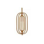 Gold metal pendant light with oval overlapping frames and frosted glass diffuser, modern and elegant ceiling light design.