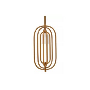 Gold metal pendant light with oval overlapping frames and frosted glass diffuser, modern and elegant ceiling light design.