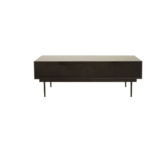 Black finish coffee table with carved wood surface and slender metal legs, perfect for contemporary living room settings.