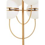 Four-globe brass pendant light with split-shade design and modern brushed finish, suspended on an elegant frame for ambient statement lighting.