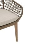 LHAE Outdoor Armchair by Verdara Living with curved hand-woven back, grey foam cushion and tapered wooden legs for modern patio and garden comfort.