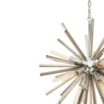 Starburst chandelier with smoke grey glass rods, chrome finish, and crystal detailing – a bold statement light for contemporary interiors.