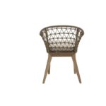 LHAE Outdoor Armchair by Verdara Living with curved hand-woven back, grey foam cushion and tapered wooden legs for modern patio and garden comfort.