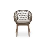 LHAE Outdoor Armchair by Verdara Living with curved hand-woven back, grey foam cushion and tapered wooden legs for modern patio and garden comfort.