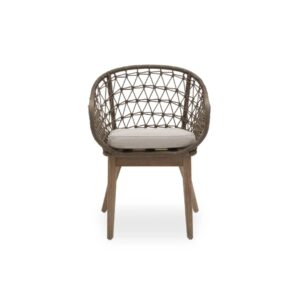 LHAE Outdoor Armchair by Verdara Living with curved hand-woven back, grey foam cushion and tapered wooden legs for modern patio and garden comfort.