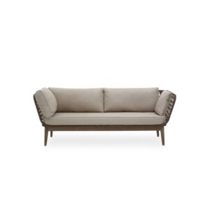 LHAE three seat outdoor sofa by Verdara Living with bronze and charcoal cushions, wood frame and tapered legs for stylish garden or patio seating.