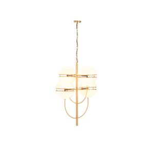 Four-globe brass pendant light with split-shade design and modern brushed finish, suspended on an elegant frame for ambient statement lighting.