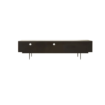 Black carved wood TV/media unit with slim black metal legs, featuring ample storage and wide top surface for large televisions.