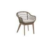 LHAE Outdoor Armchair by Verdara Living with curved hand-woven back, grey foam cushion and tapered wooden legs for modern patio and garden comfort.