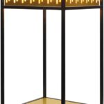Contemporary table lamp with black frame and brushed brass top, featuring vertical slats that emit ambient light—ideal for stylish, modern interiors.
