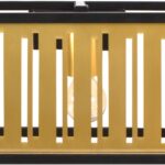 Modern wall lamp with black frame and brushed gold brass finish, featuring a slatted front design that softly diffuses warm light in compact dimensions.
