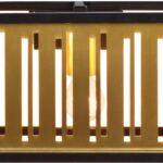 Modern wall lamp with black frame and brushed gold brass finish, featuring a slatted front design that softly diffuses warm light in compact dimensions.