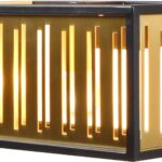 Modern wall lamp with black frame and brushed gold brass finish, featuring a slatted front design that softly diffuses warm light in compact dimensions.