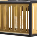 Modern wall lamp with black frame and brushed gold brass finish, featuring a slatted front design that softly diffuses warm light in compact dimensions.