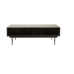 Black finish coffee table with carved wood surface and slender metal legs, perfect for contemporary living room settings.
