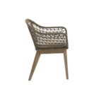 LHAE Outdoor Armchair by Verdara Living with curved hand-woven back, grey foam cushion and tapered wooden legs for modern patio and garden comfort.