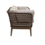LHAE three seat outdoor sofa by Verdara Living with bronze and charcoal cushions, wood frame and tapered legs for stylish garden or patio seating.