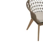 LHAE Outdoor Armchair by Verdara Living with curved hand-woven back, grey foam cushion and tapered wooden legs for modern patio and garden comfort.