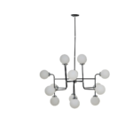 Modern pendant light with 16 black arms, chrome-finish center, and white glass globe shades, ideal for large contemporary interiors.
