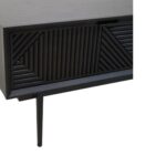 Black finish coffee table with carved wood surface and slender metal legs, perfect for contemporary living room settings.