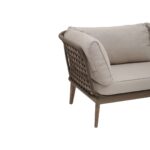 LHAE three seat outdoor sofa by Verdara Living with bronze and charcoal cushions, wood frame and tapered legs for stylish garden or patio seating.