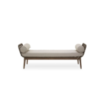 LHAI day bed with bronze and charcoal upholstered cushion and angular natural wooden frame with tapered legs.
