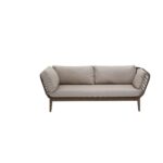 LHAE three seat outdoor sofa by Verdara Living with bronze and charcoal cushions, wood frame and tapered legs for stylish garden or patio seating.