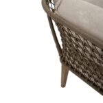 LHAE three seat outdoor sofa by Verdara Living with bronze and charcoal cushions, wood frame and tapered legs for stylish garden or patio seating.
