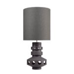 UNFO Black Table Lamp – 98cm earthenware lamp with bronze finish, circular cut-out base, and grey shade. Sculptural lighting for luxury interiors.