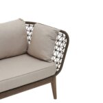 LHAE three seat outdoor sofa by Verdara Living with bronze and charcoal cushions, wood frame and tapered legs for stylish garden or patio seating.
