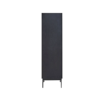 Tall black wooden cabinet with carved abstract pattern, metal legs, and concealed interior shelving for versatile storage.
