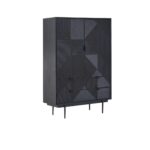 Tall black wooden cabinet with carved abstract pattern, metal legs, and concealed interior shelving for versatile storage.