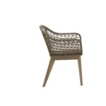 LHAE Outdoor Armchair by Verdara Living with curved hand-woven back, grey foam cushion and tapered wooden legs for modern patio and garden comfort.