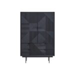 Tall black wooden cabinet with carved abstract pattern, metal legs, and concealed interior shelving for versatile storage.