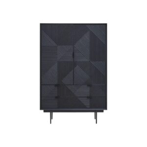 Tall black wooden cabinet with carved abstract pattern, metal legs, and concealed interior shelving for versatile storage.