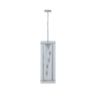 Five bulb nickel pendant light with a clear glass rectangular frame, ideal for industrial or contemporary home lighting.