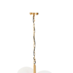 Four-globe brass pendant light with split-shade design and modern brushed finish, suspended on an elegant frame for ambient statement lighting.