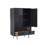 Tall black wooden cabinet with carved abstract pattern, metal legs, and concealed interior shelving for versatile storage.