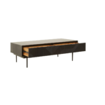 Black finish coffee table with carved wood surface and slender metal legs, perfect for contemporary living room settings.
