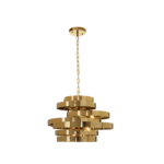 Gold finish pendant light with concentric ring design and four-bulb layout, offering elegant, radiant illumination.