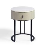 ALBERT Round Stone Bedside Table with oak body, stone top, black handle, and metal legs – contemporary nightstand with drawer.