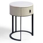 ALBERT Round Stone Bedside Table with oak body, stone top, black handle, and metal legs – contemporary nightstand with drawer.
