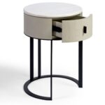 ALBERT Round Stone Bedside Table with oak body, stone top, black handle, and metal legs – contemporary nightstand with drawer.