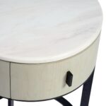 ALBERT Round Stone Bedside Table with oak body, stone top, black handle, and metal legs – contemporary nightstand with drawer.